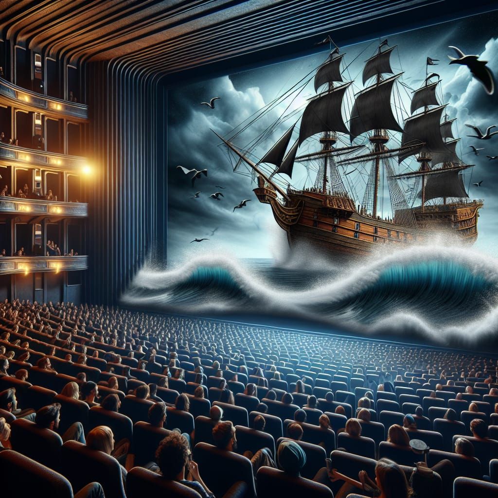 Pirate Ship Emerges from Cinema Screen: Hyperrealistic Photo