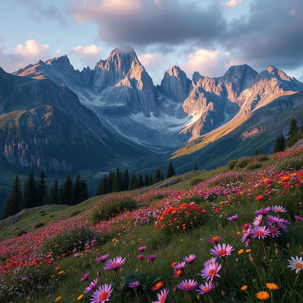 Fantasy Mountain Meadow With Vibrant Wildflowers
