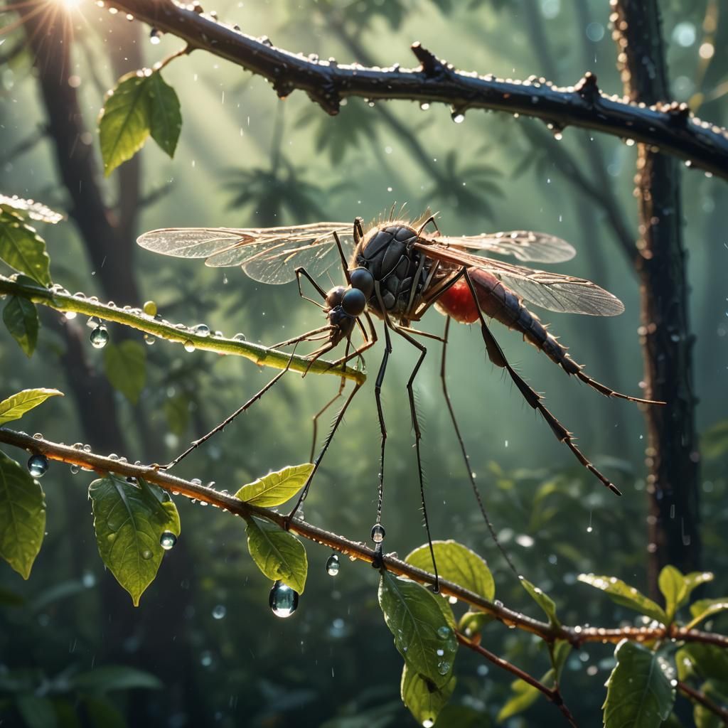 Mosquito on Dewy Leaf in Early Morning Light