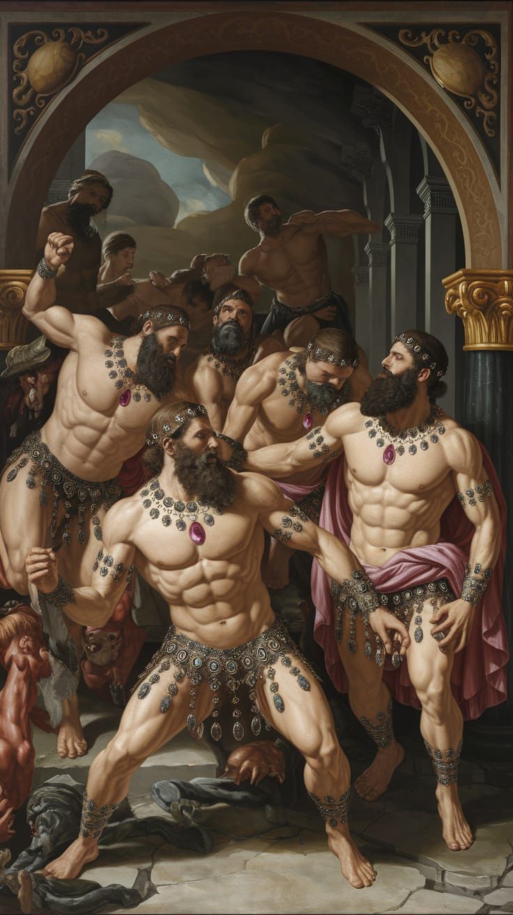 Greek Gods Battle Demons in Ornate Temple