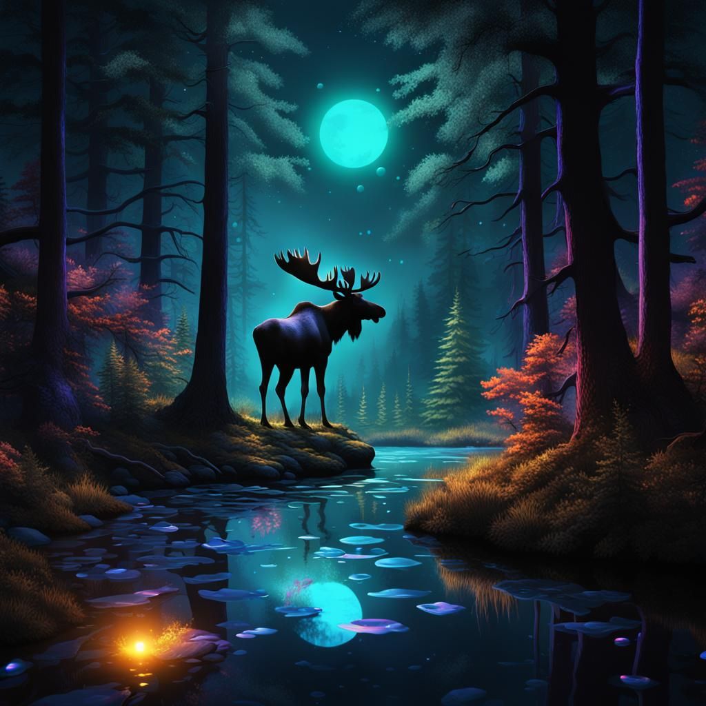 Moose in Dark Forest with Glowing Bubbles: Roger Dean Style