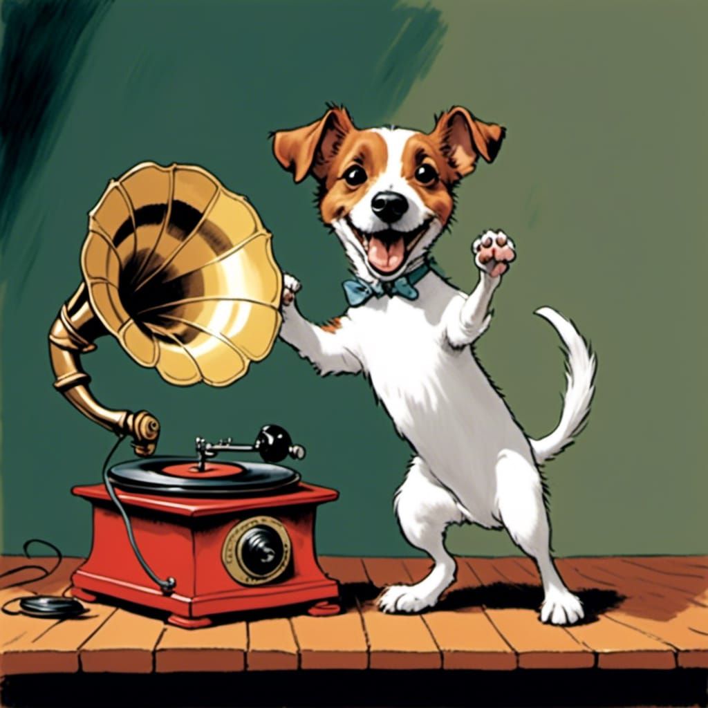 Jack Russell Terrier Dances with Gramophone