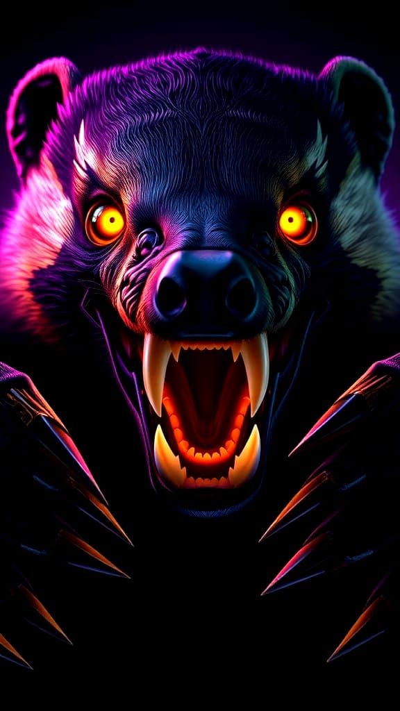 Portrait of a honey badgers face, its jaws wide open, reveal...