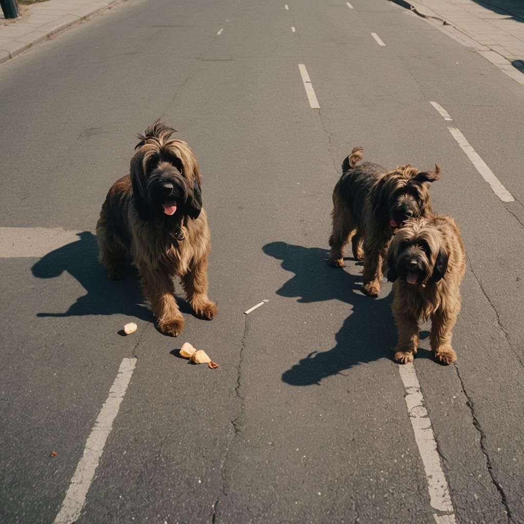 Briard Dogs Enjoying Ice Cream in Sunny Street