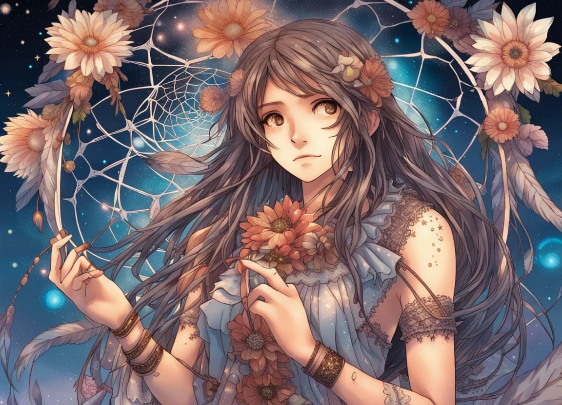 Anime Girl with Dreamcatcher in Manga Style