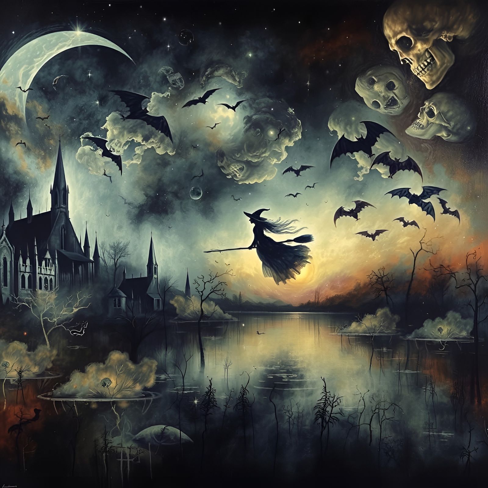 Witch on Broom in Dark Fantasy Landscape