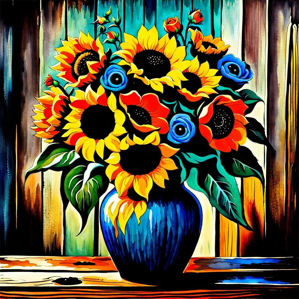 Watercolor Still Life with Sunflowers and Roses