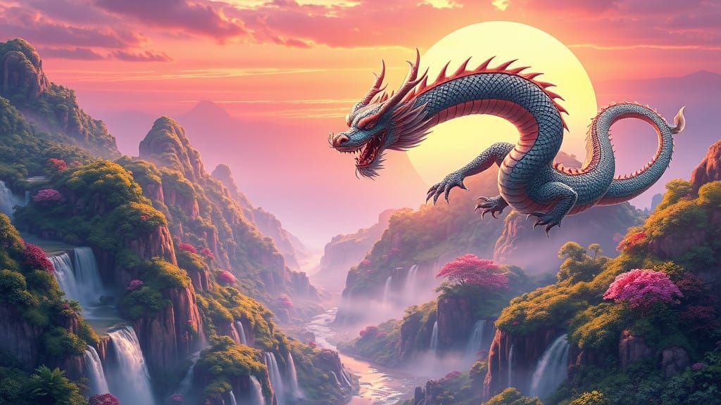 Majestic Chinese Dragon Soars Over Whimsical Valley