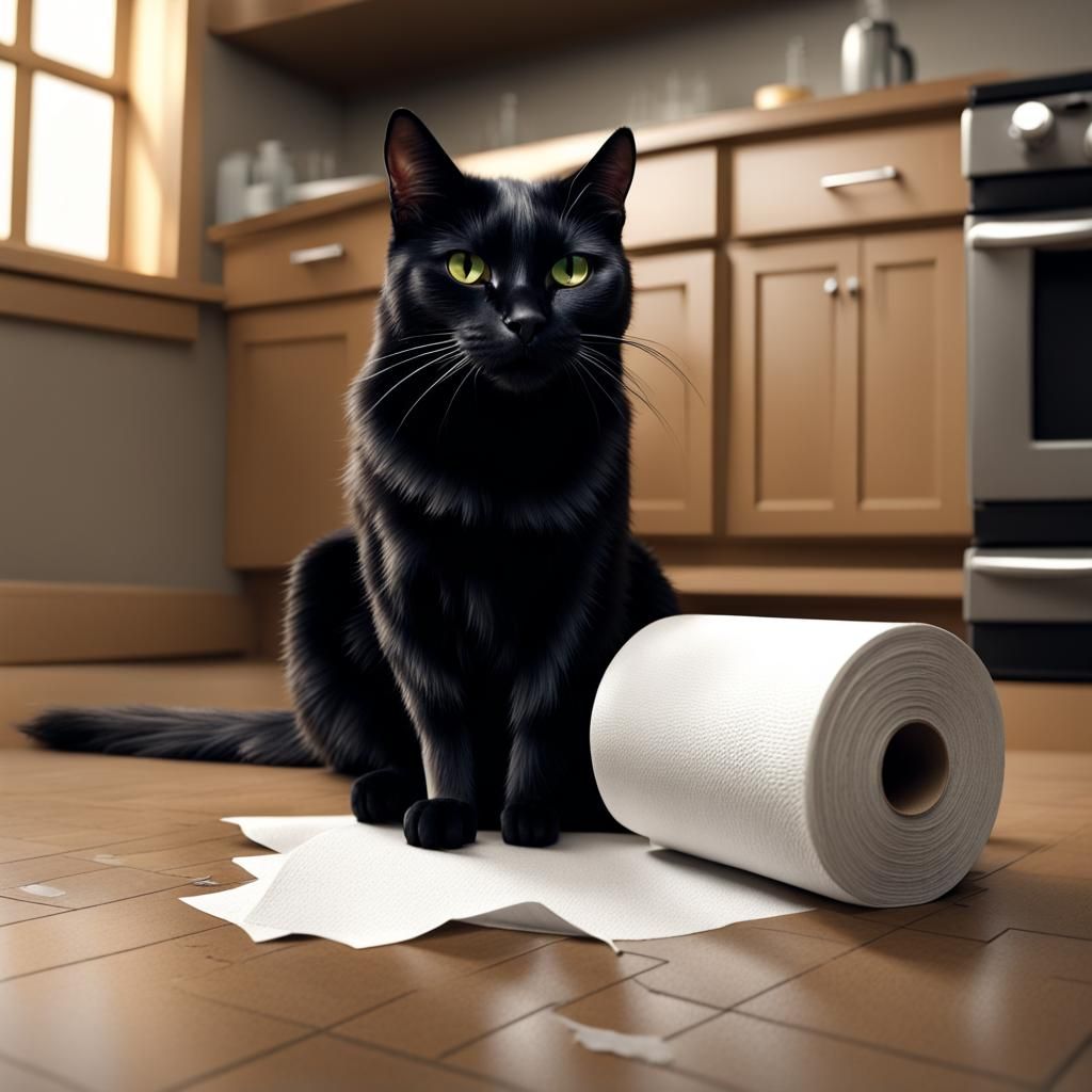 Proud Cat Surrounded by Shredded Paper Towels