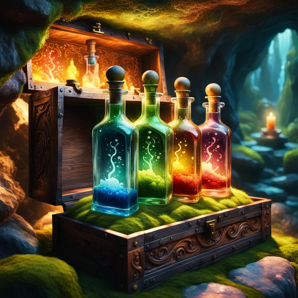 Mystical Potions in a Glowing Cave: Concept Art