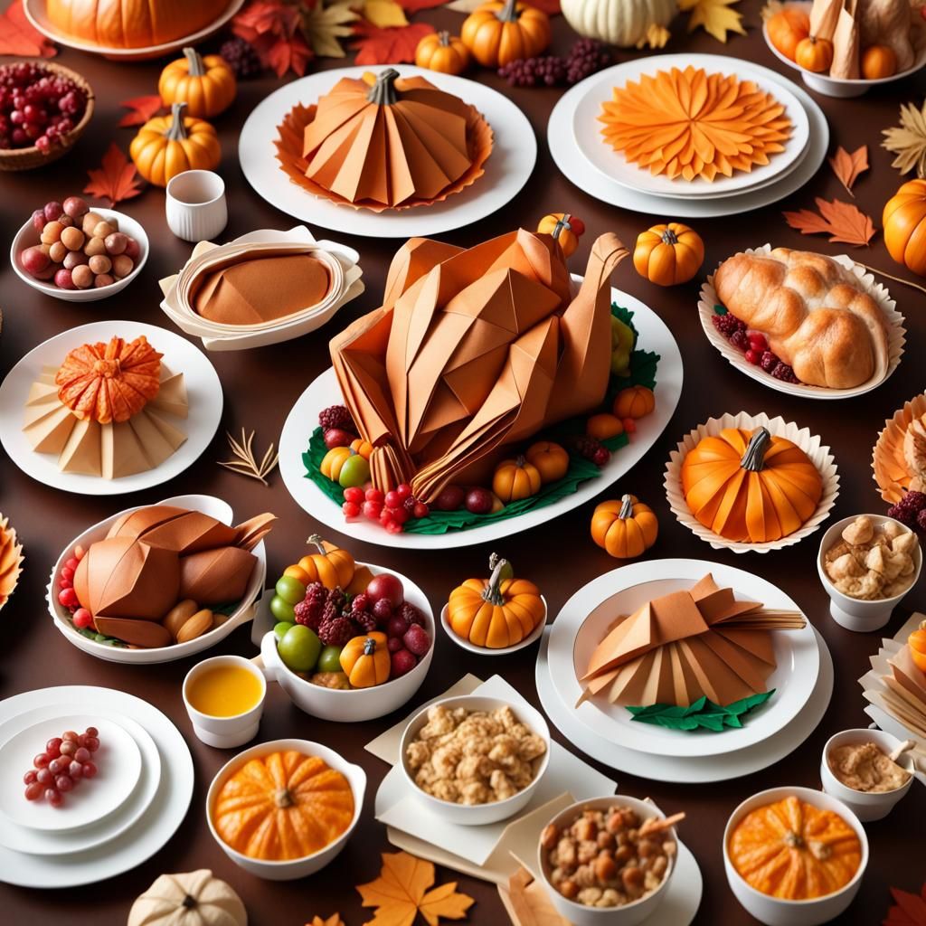 detailed Thanksgiving feast, gourmet, Origami paper folds papercraft, made of paper, stationery, 8K resolution 64 megap...