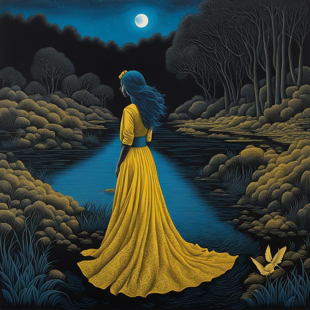 Surreal Woman in Blue at Riverbank, Scratchboard Style