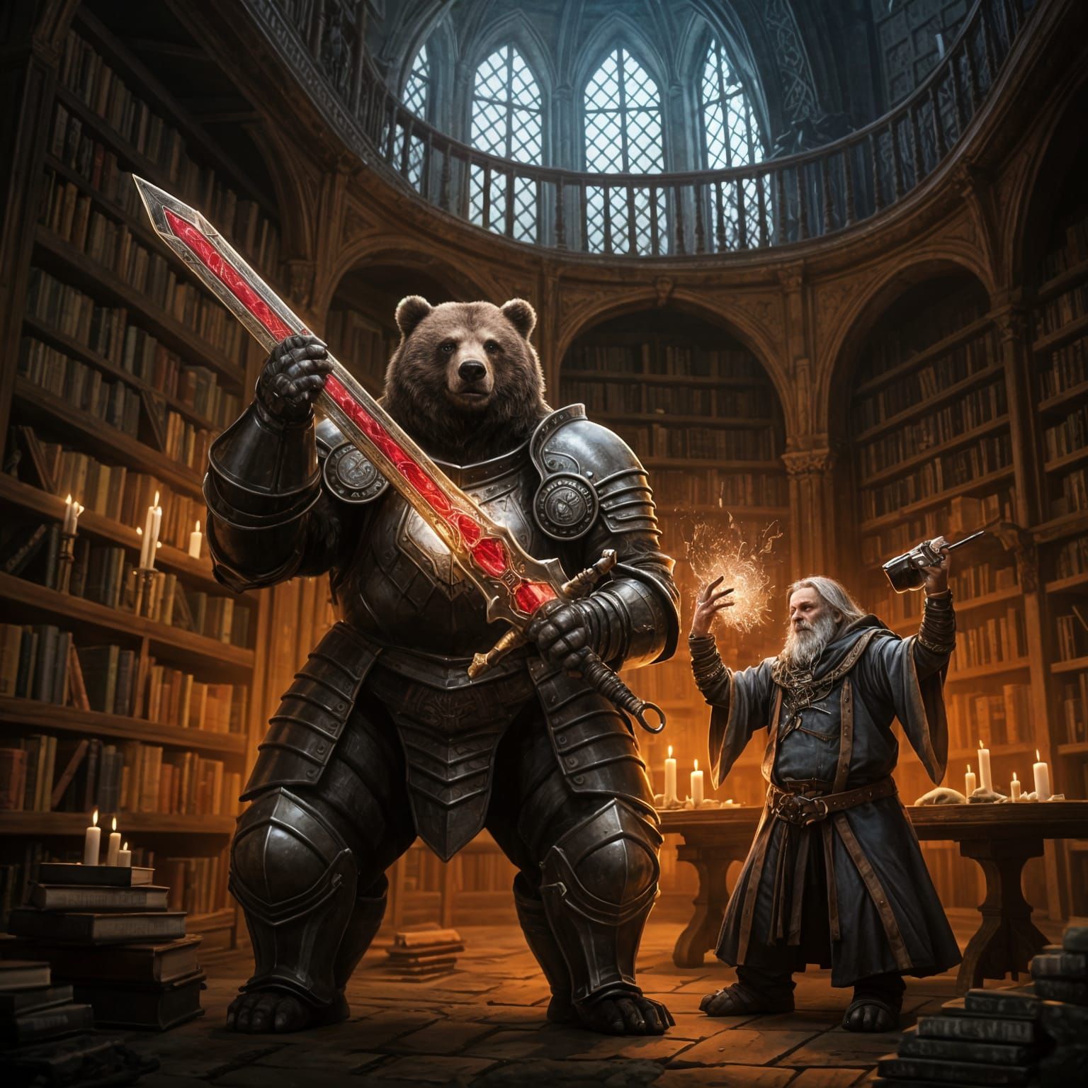Armored Bear Warrior and Drunken Wizard in Library