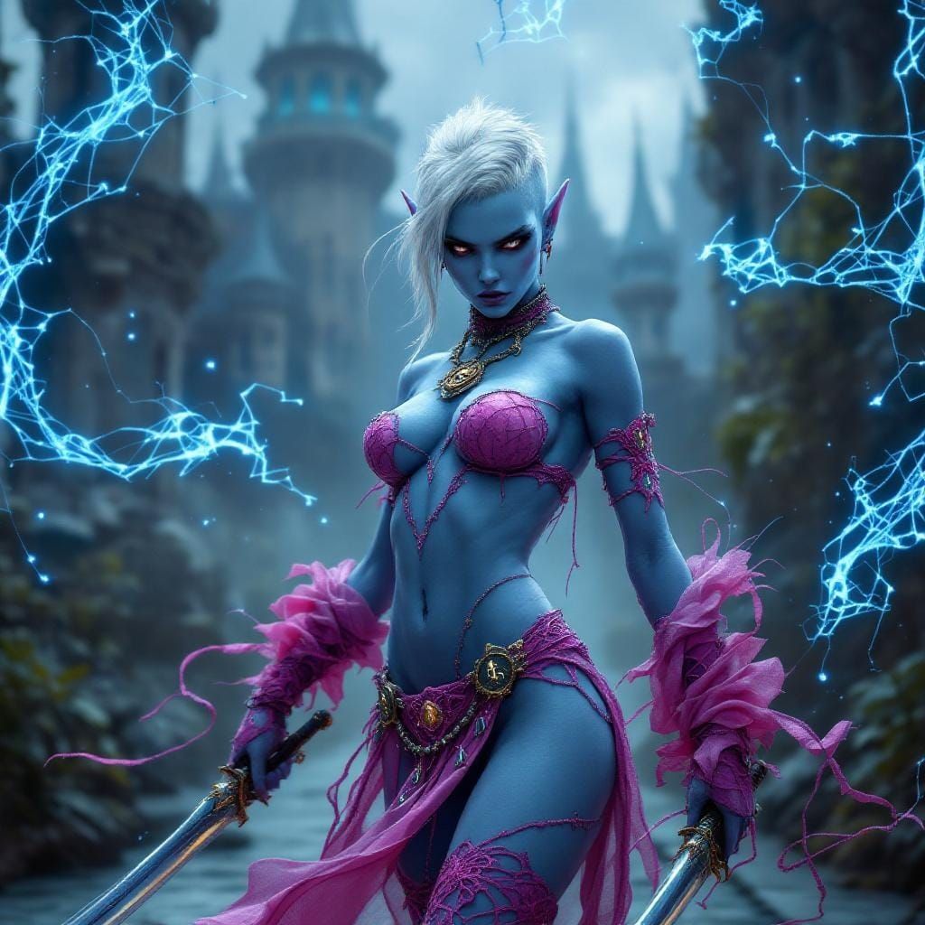 Blue Elf Rogue with Daggers in Fantasy Setting