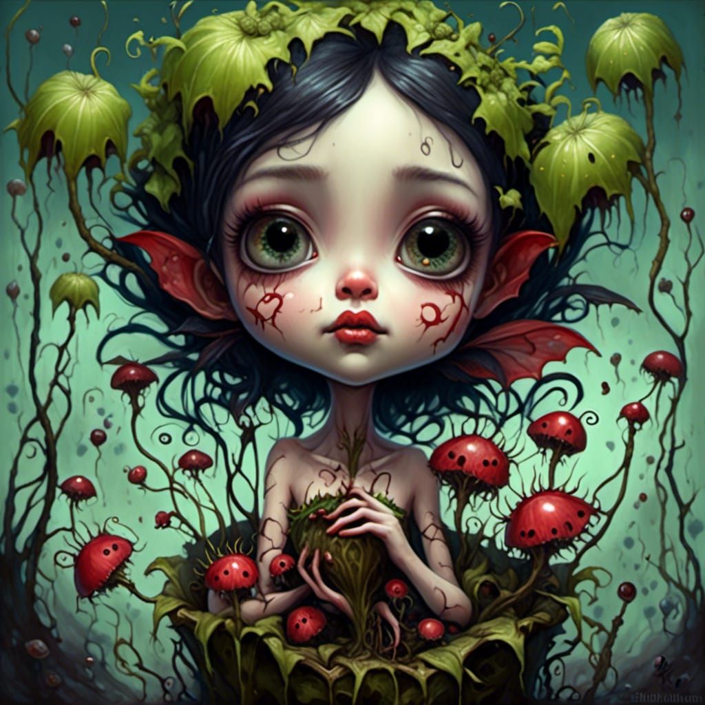 Chibi Pixie Feeds Venus Flytrap: Detailed Fantasy Art
