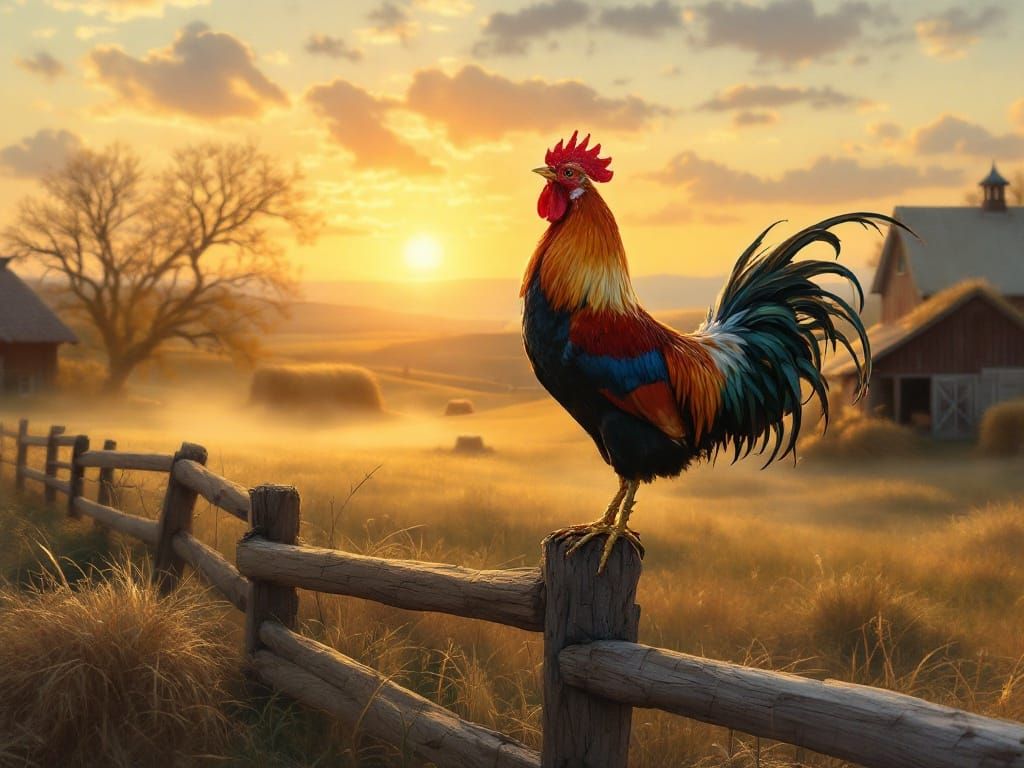 Vibrant Rooster in Warm Dawn Light, in Norman Rockwell Style