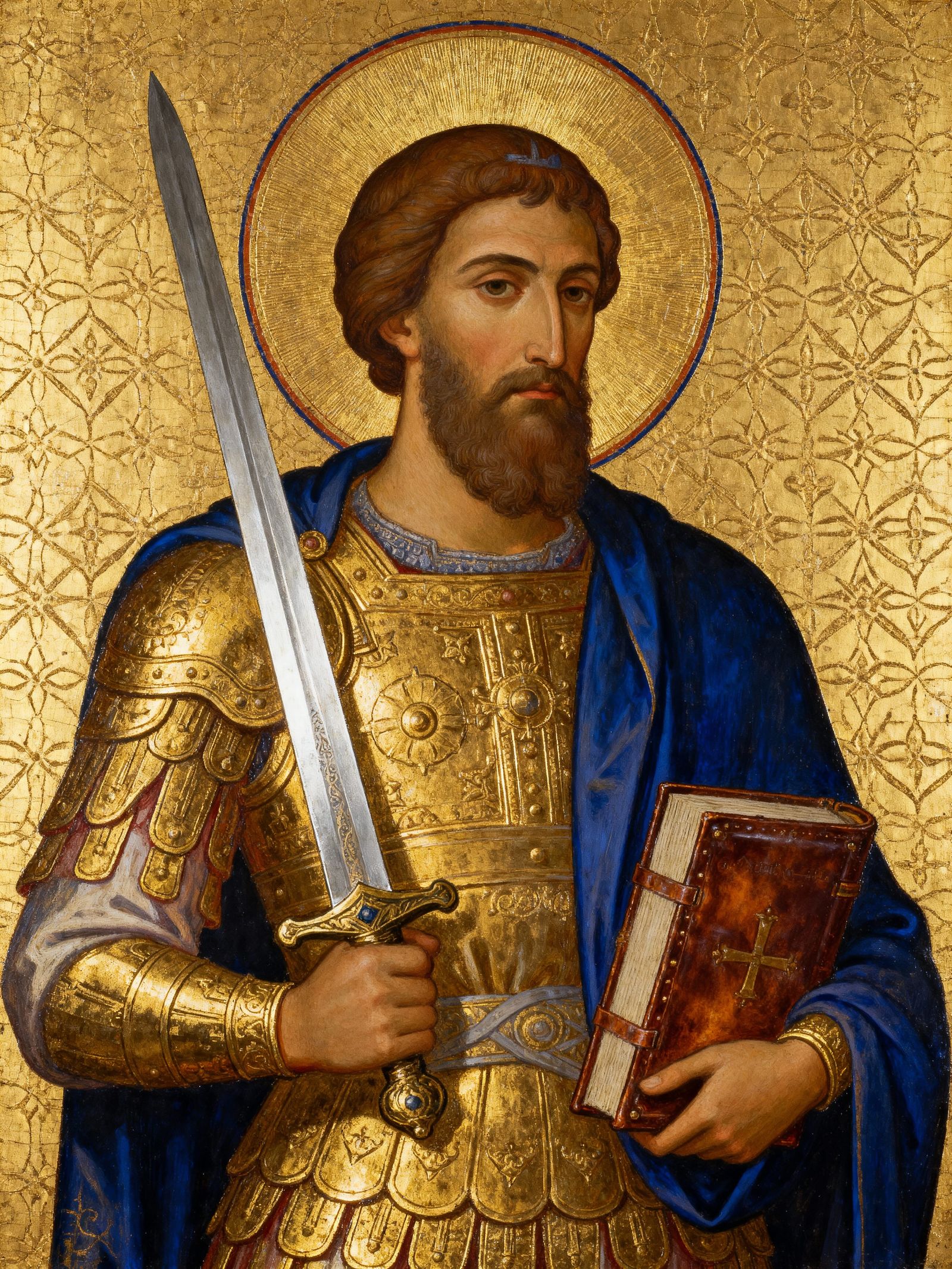 Byzantine Emperor Icon Painting with Sword and Book