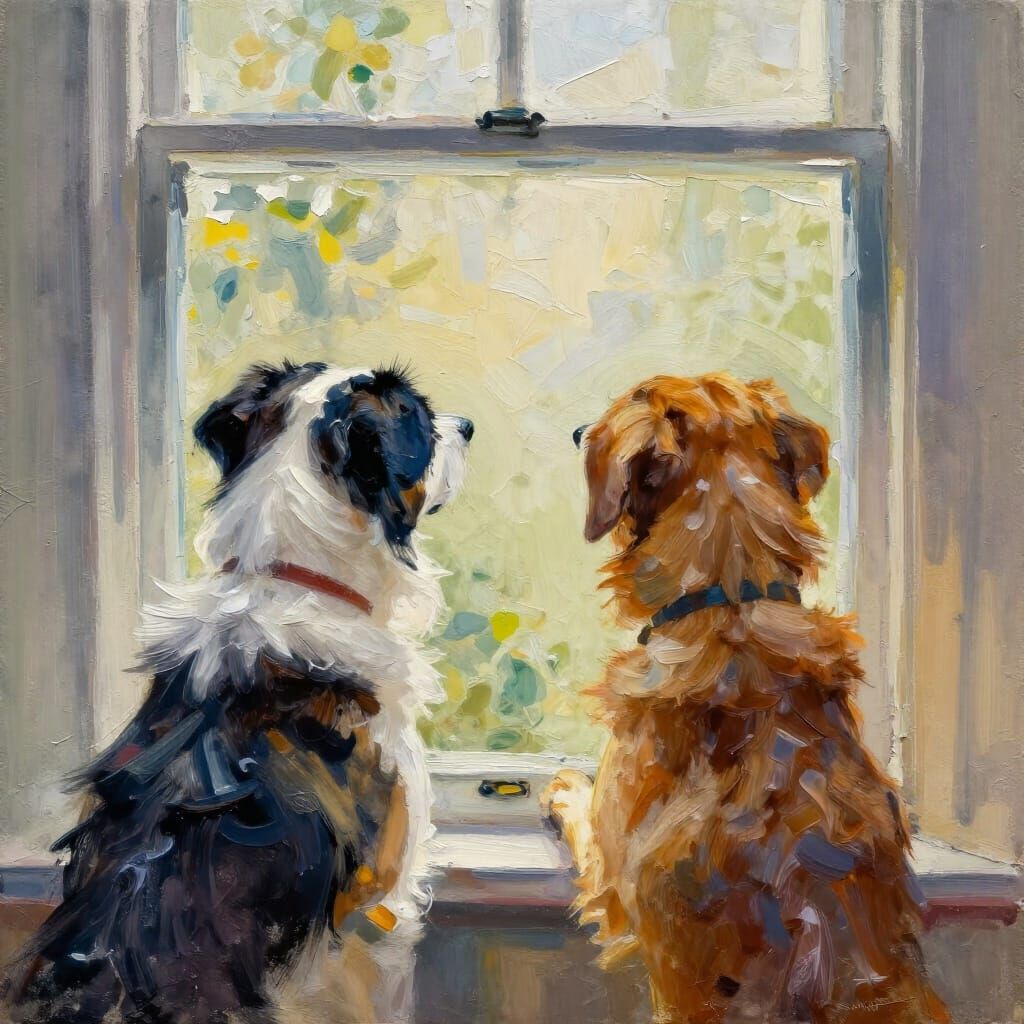 Dogs Watchfully Waiting by Window in Gouache Style