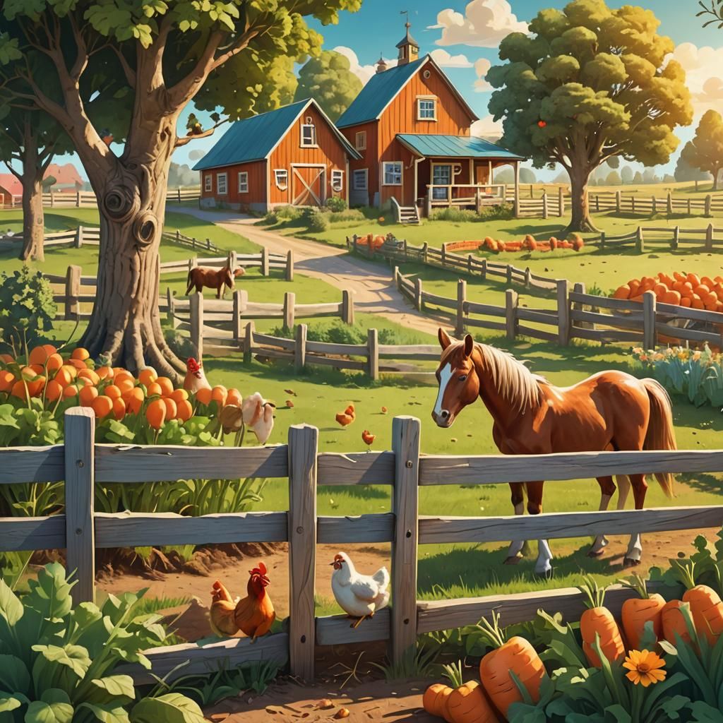 Whimsical Farm Scene in Playful Digital Art Style