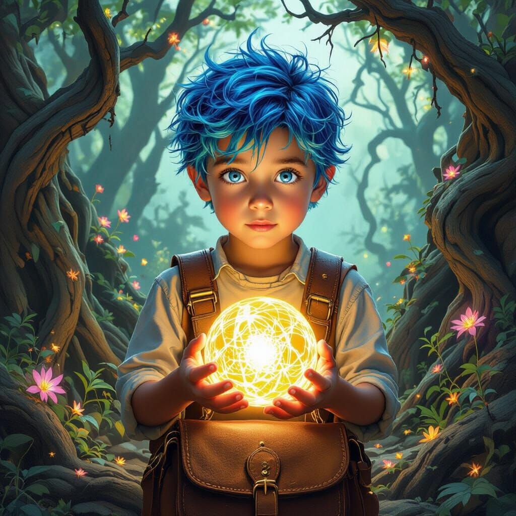 Boy with Glowing Orb in Fantasy Forest