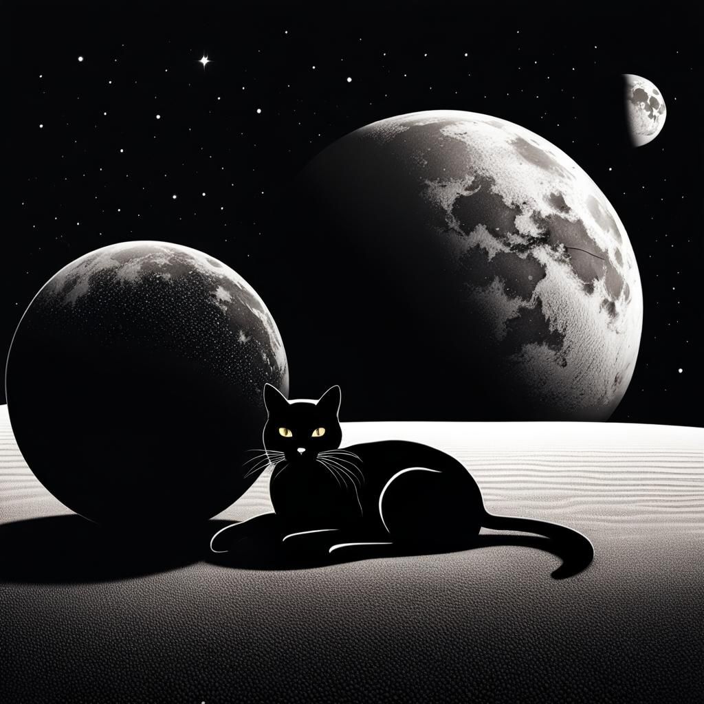 Black Cat and Ebony Sphere in Dark Landscape