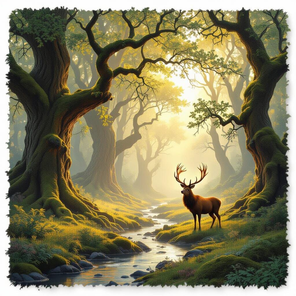Golden Dawn Woodland Clearing with Majestic Stag