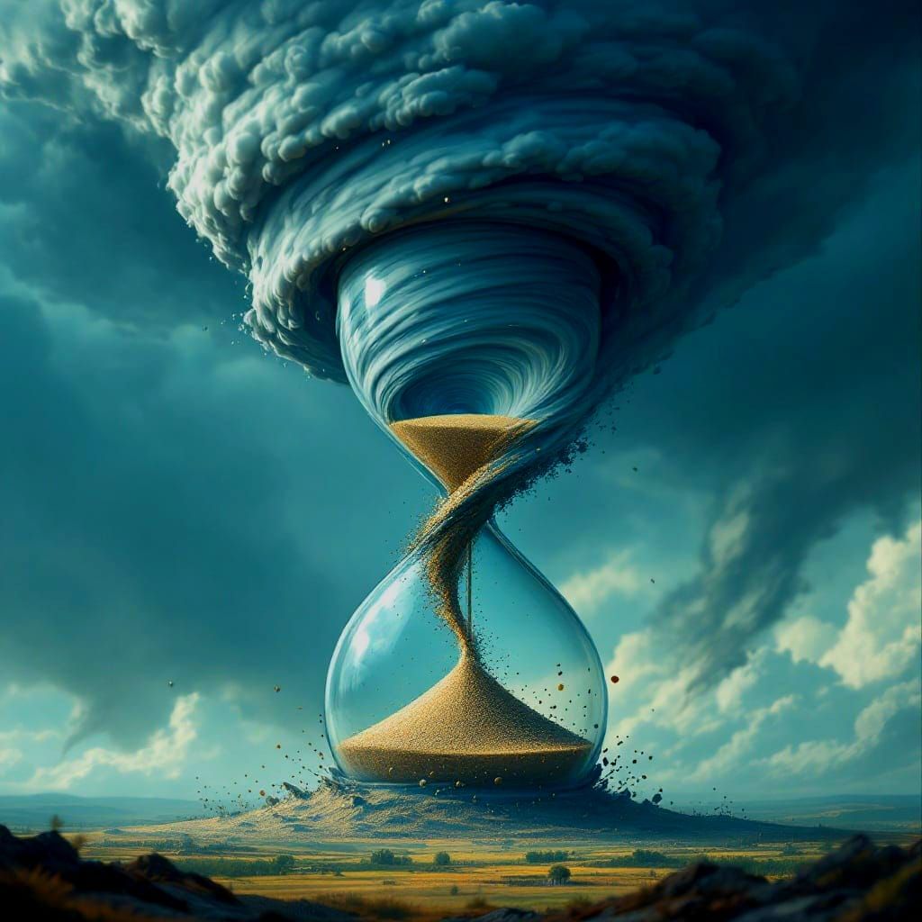 Surreal Storm in an Hourglass Scene in Splash Art Style