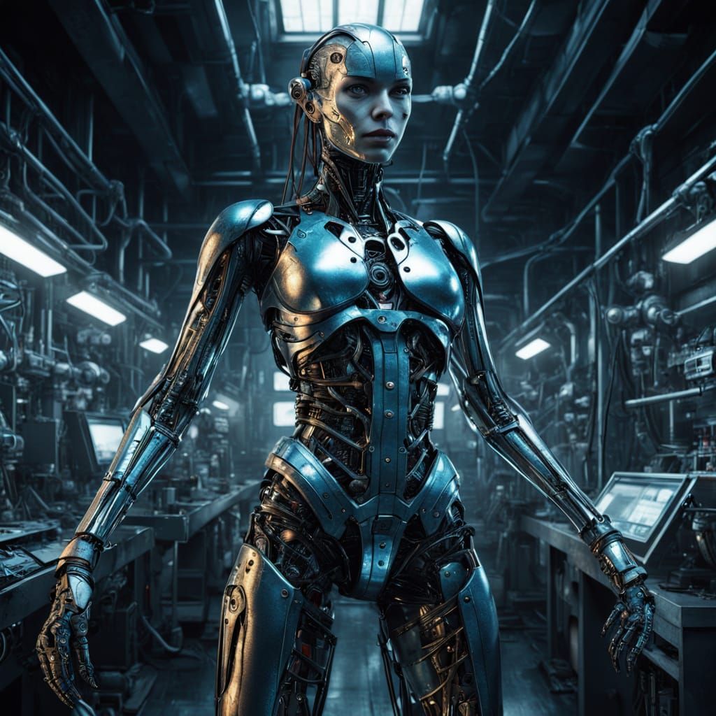 Woman Transforms into Cybernetic Being in Dark Laboratory