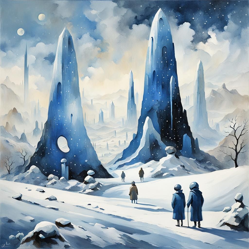 Blue Aliens Frolic in Snow: Modern Acrylic Art
