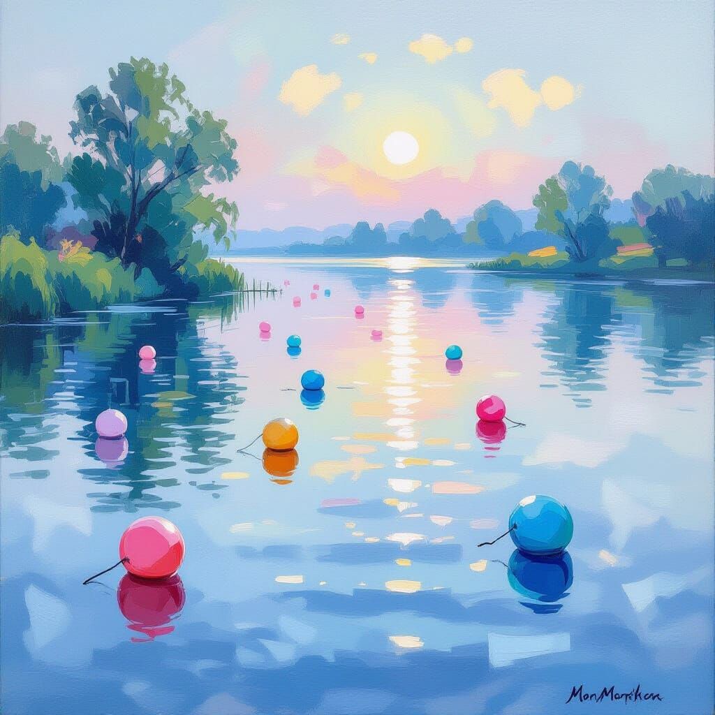 Serene Oil Painting of Pastel Buoys in Morning Light