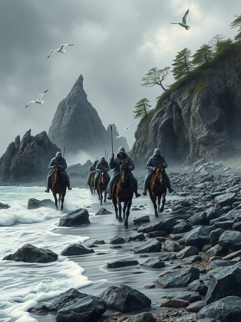 Horsemen Ride Along Rocky Shoreline in Stormy Weather