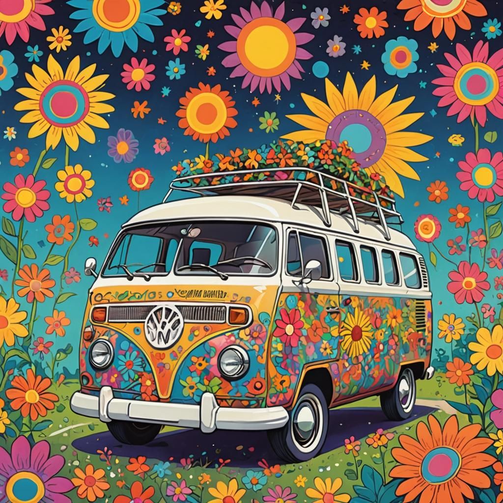 Colorful Hippie Van Illustration with Flower Power Motifs