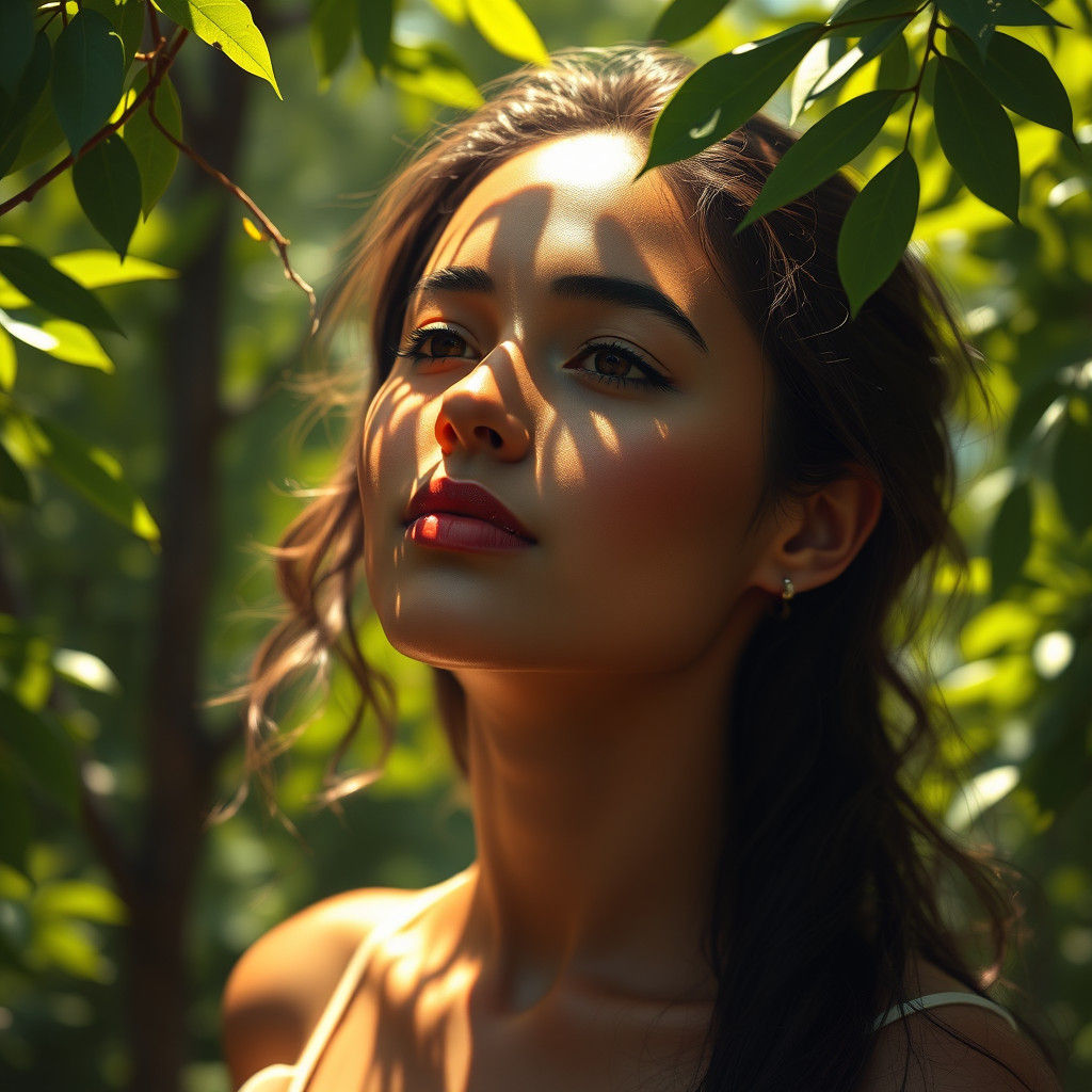 Radiant Woman in Sunlit Forest: Hyperdetailed Portrait
