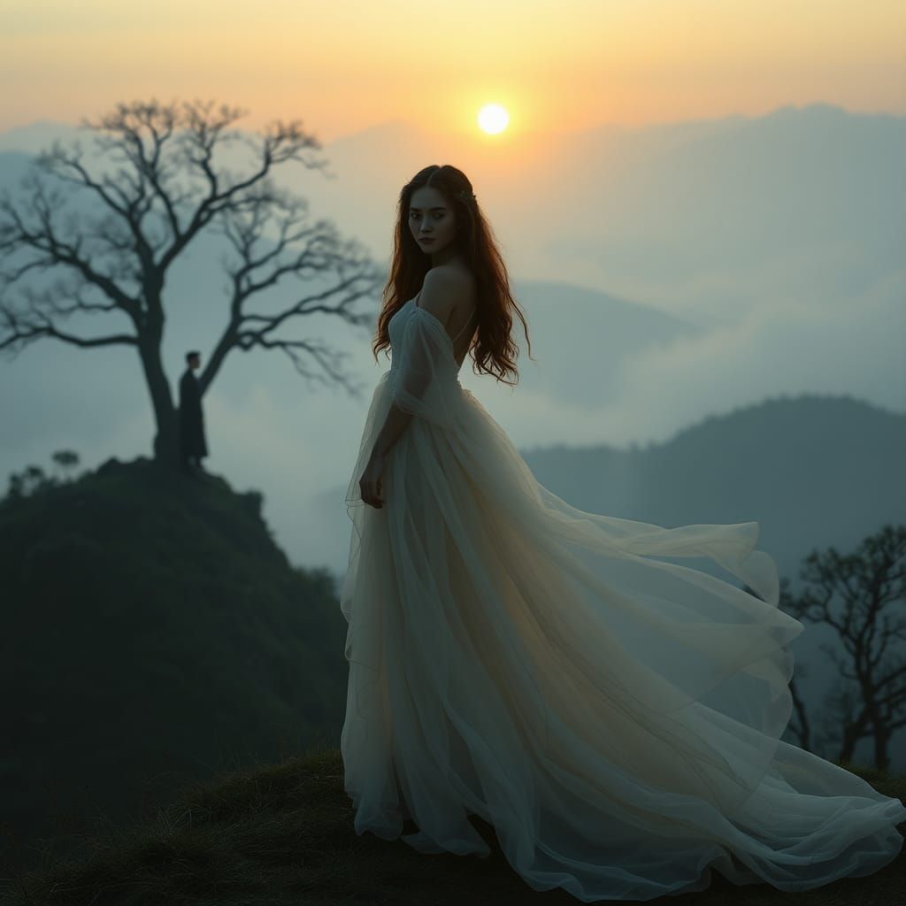 Mystical Woman on Mountainside at Dawn