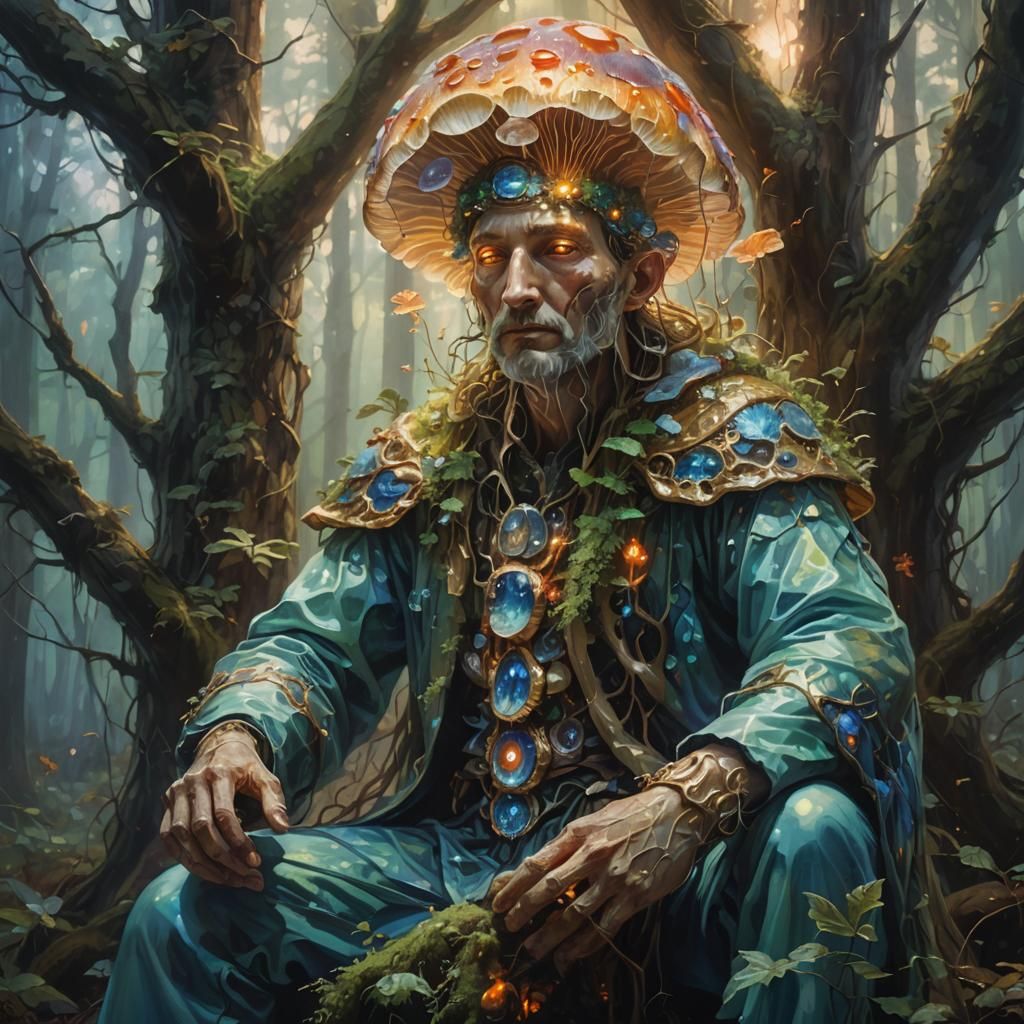 Glowing Mushroom God Emerges: Surrealist Oil Painting