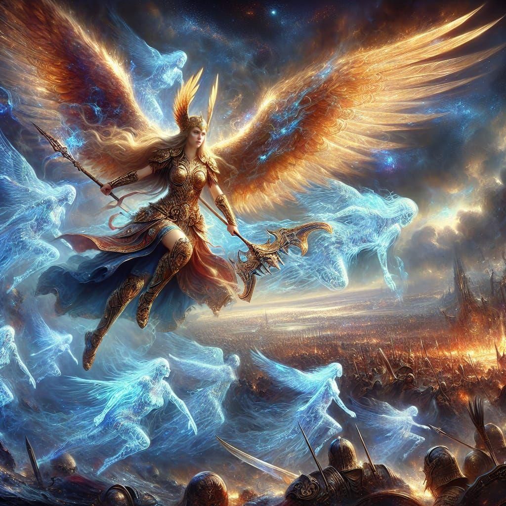 Valkyrie Leading Einherjar Souls Over Battlefield