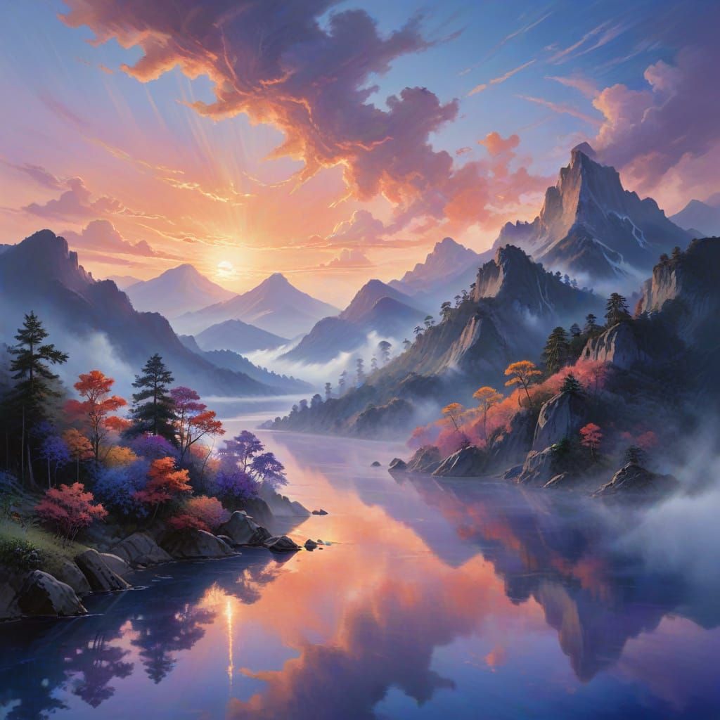 a canvas breathes with liquid light blending pigments into d...