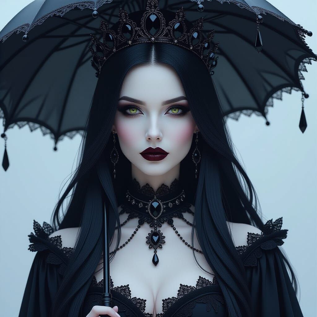 Gothic Queen with Onyx Crown and Black Parasol