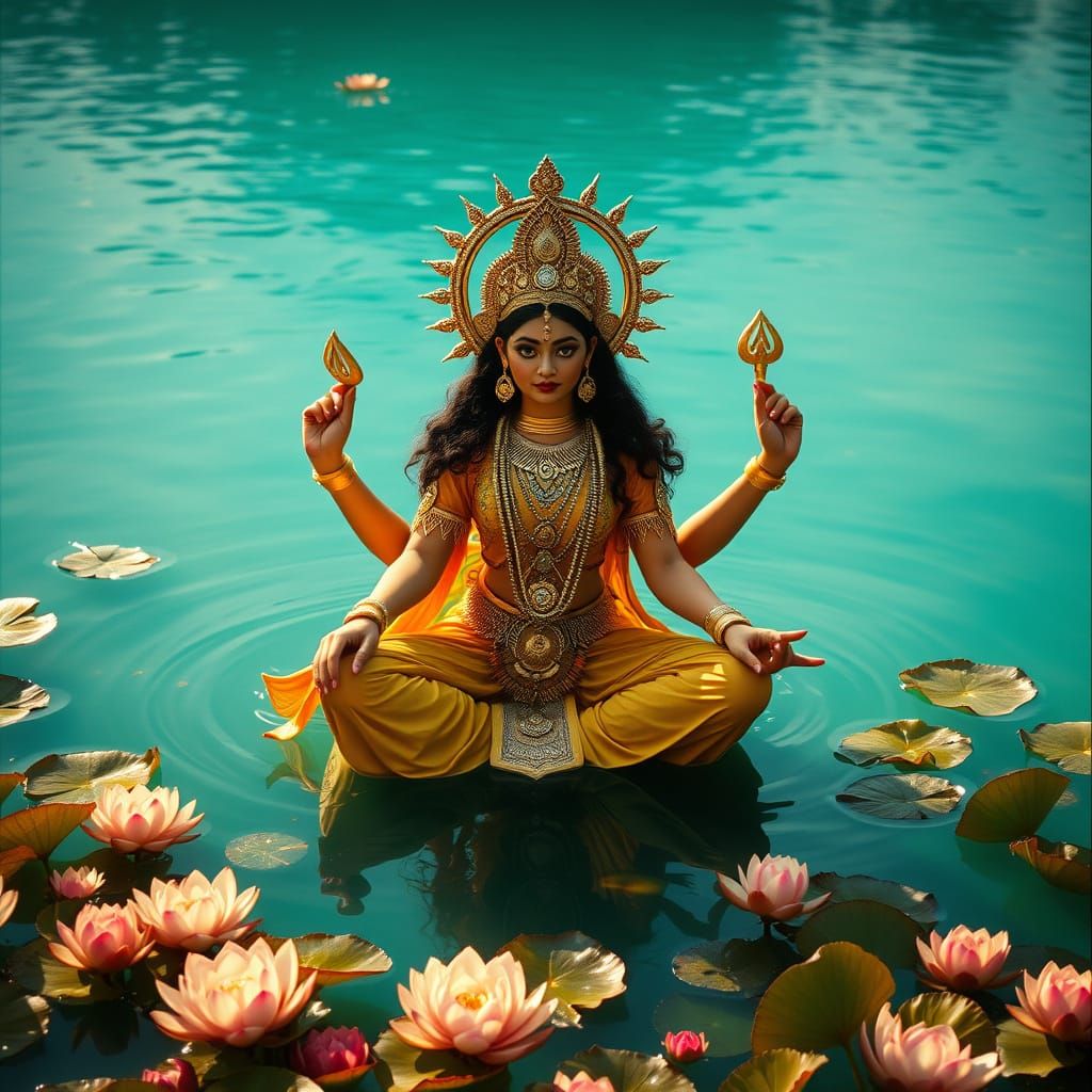 Goddess Durga Radiates Serenity in Turquoise Lake
