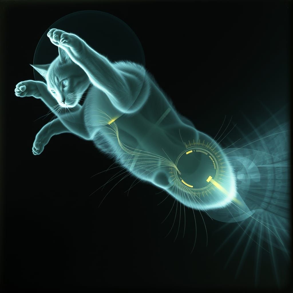 Surreal X-Ray of Falling Cat in Vector Style