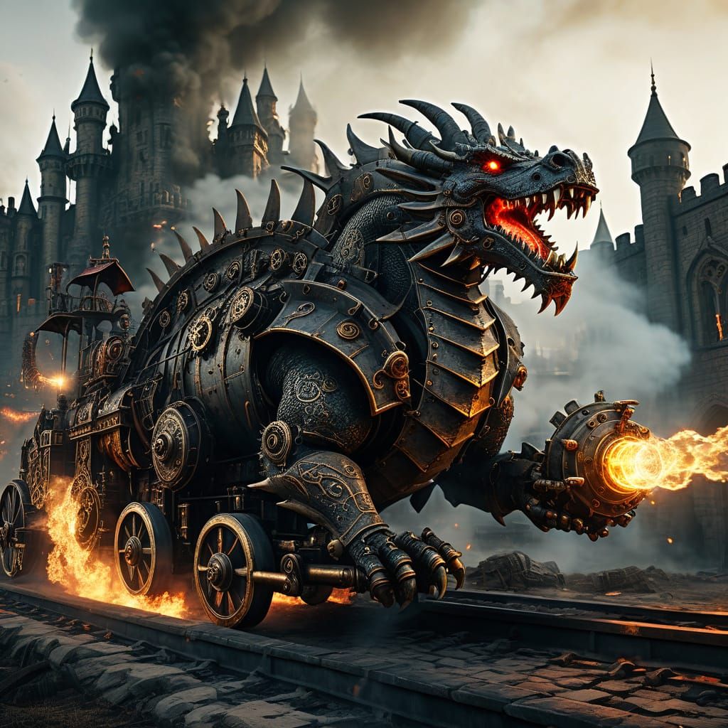 Steampunk Trojan Dragon with Iron Wheels