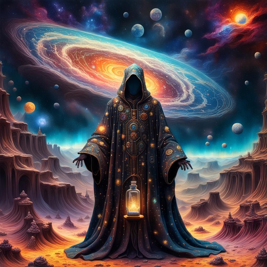 Wizard with Galaxy Bottle in Gothic Art Style