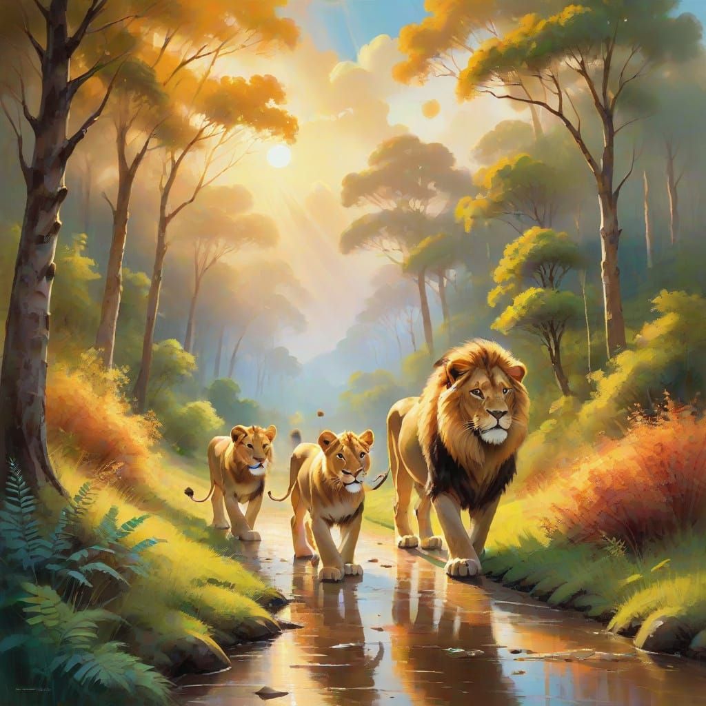 Peaceful Lion and Children in Golden Forest Painting