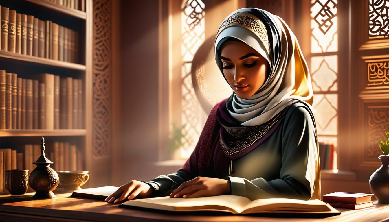 Young Muslim Woman Reading Quran in Sunlight