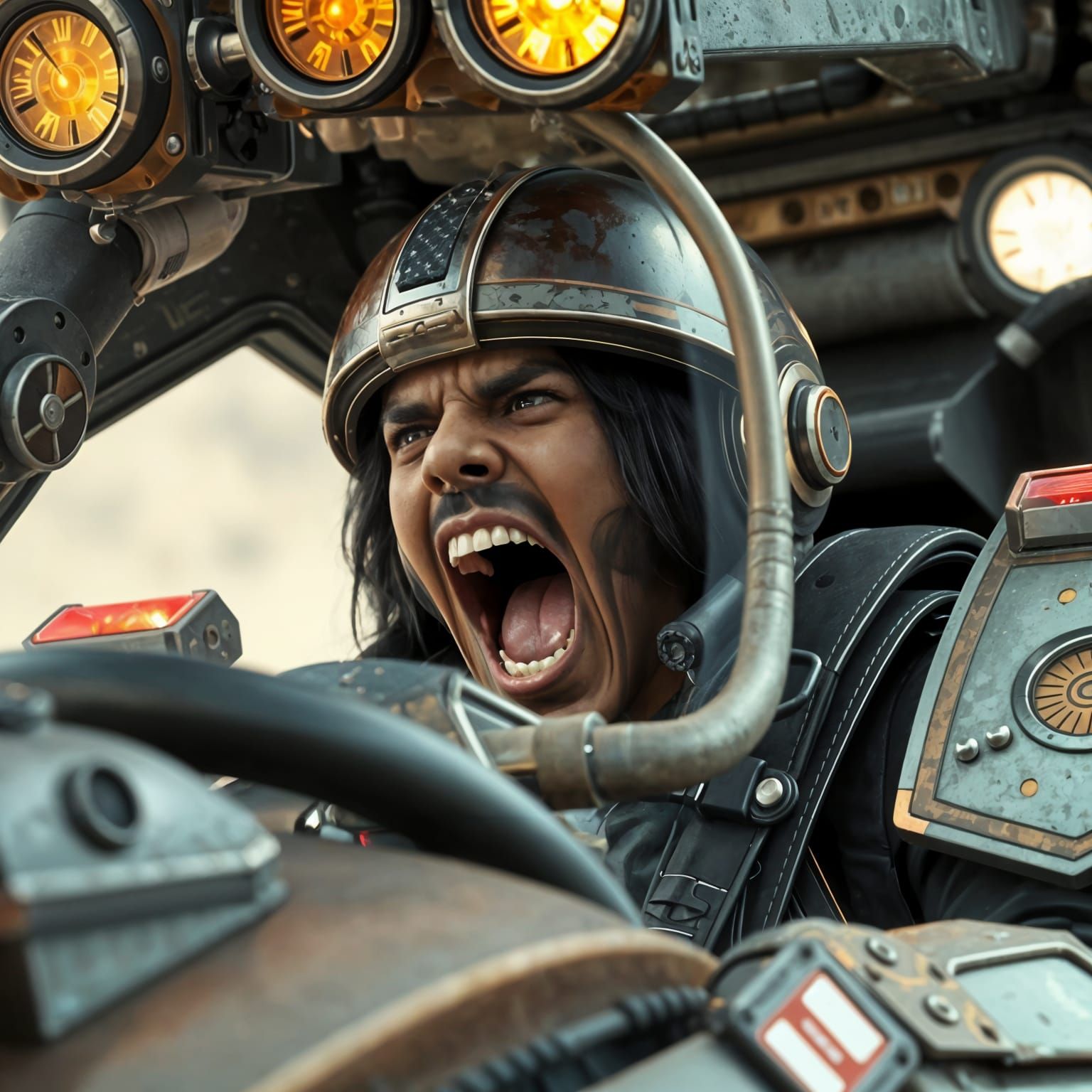 Determined Hispanic Mech Pilot in High-Stakes Battle