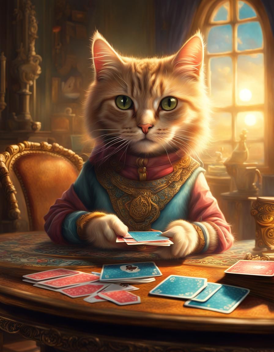 Whimsical Cat Plays Cards in Bright Colors