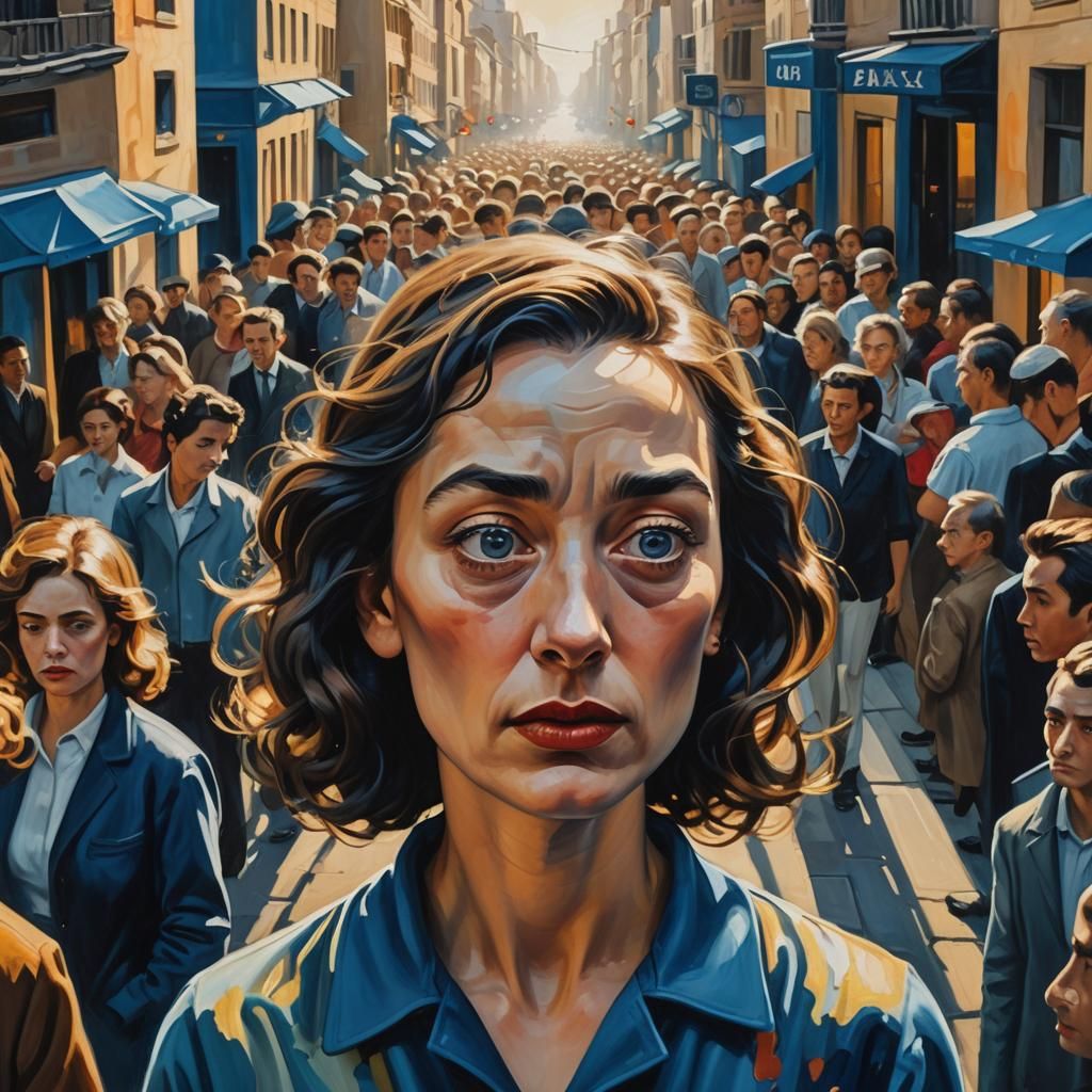 Anxious Woman in City Street: Surreal Expressionist Oil Pain...