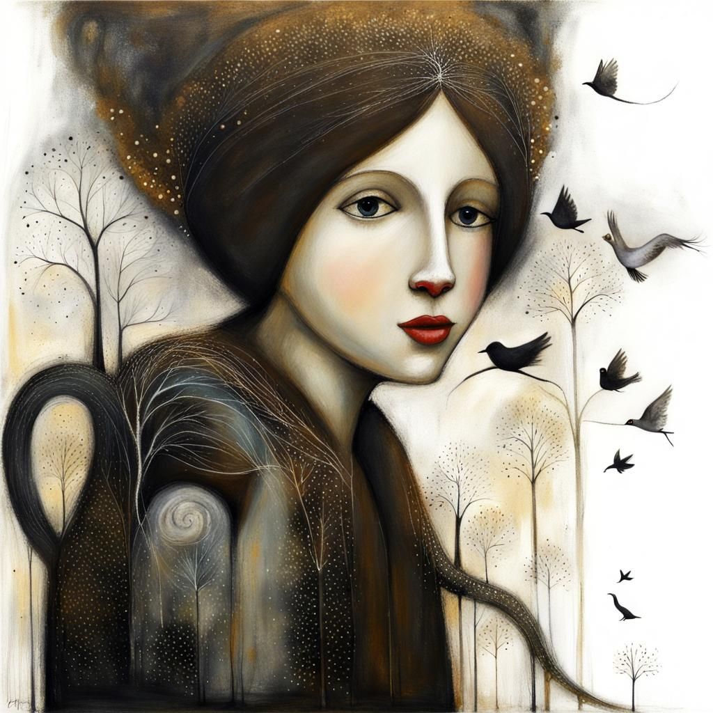 Whimsical Bucolic Scene in Folk Art Style