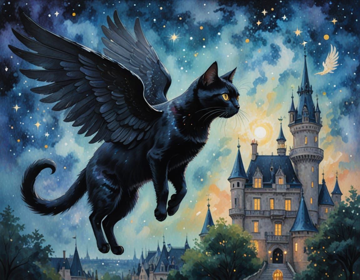 Ethereal Feline Angel in Gouache Masterpiece