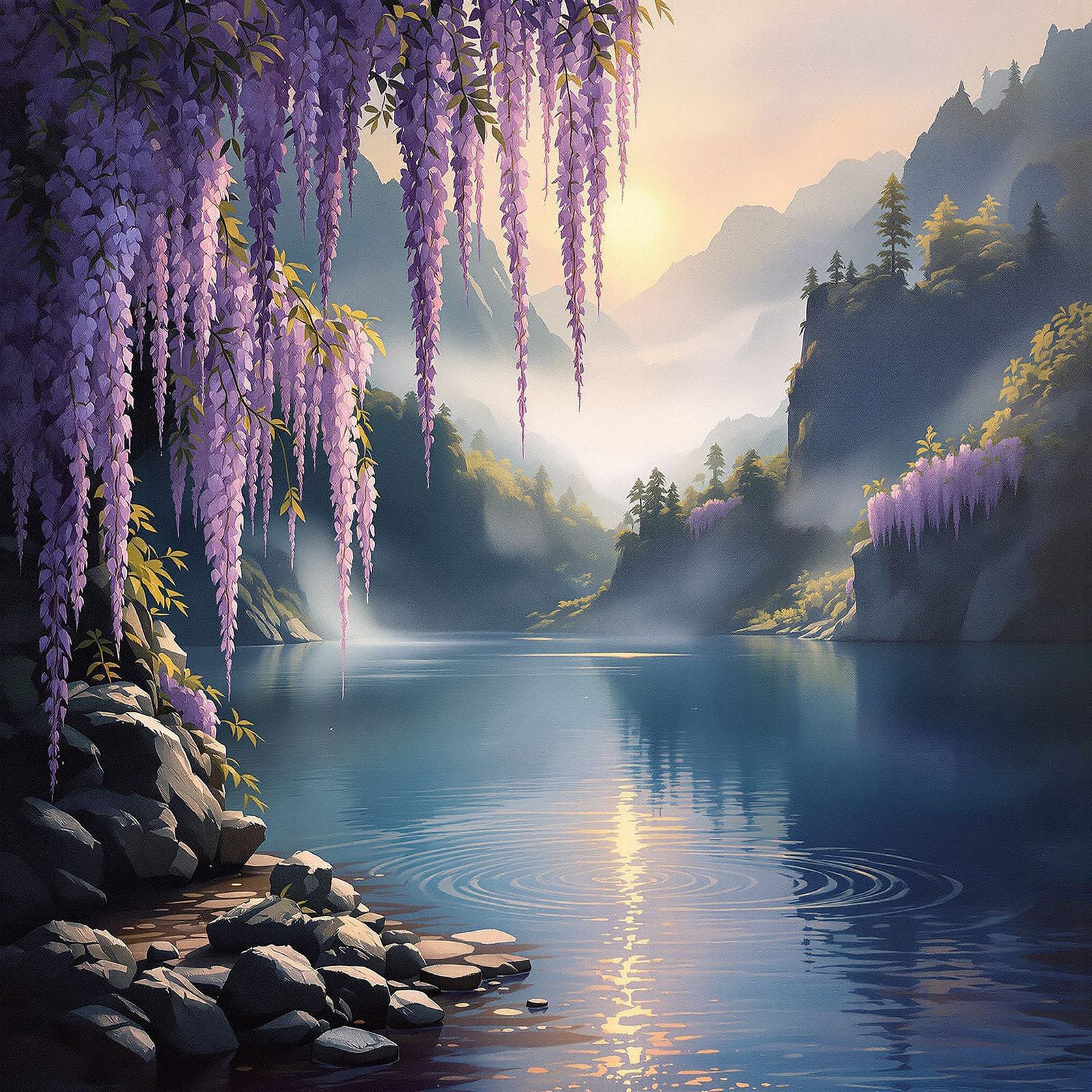 Serene Mountain Lake at Dawn Mist Landscape Painting
